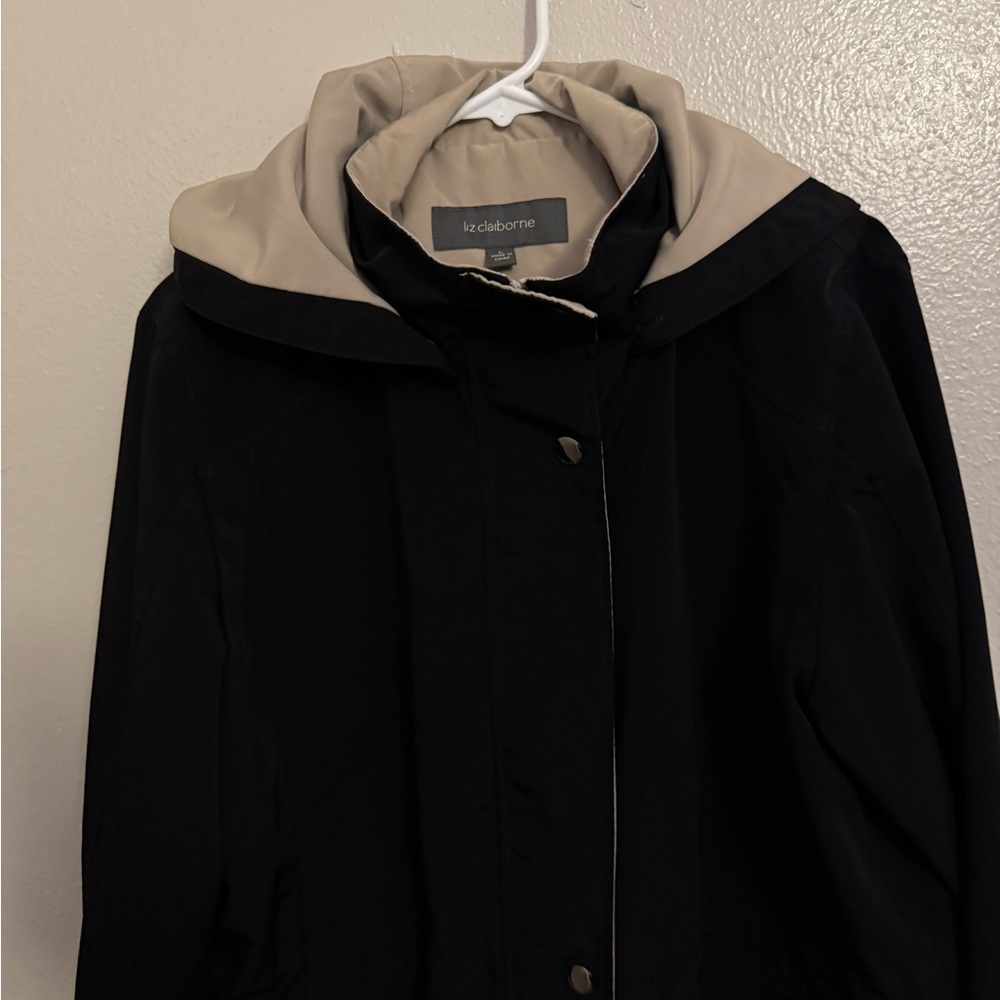 Liz Claiborne Black Coat with Beige Hood Trim